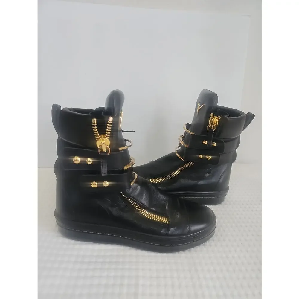 Giuseppe Zanotti Black Leather High Top Boot Sneakers Gold Zipper EU 43